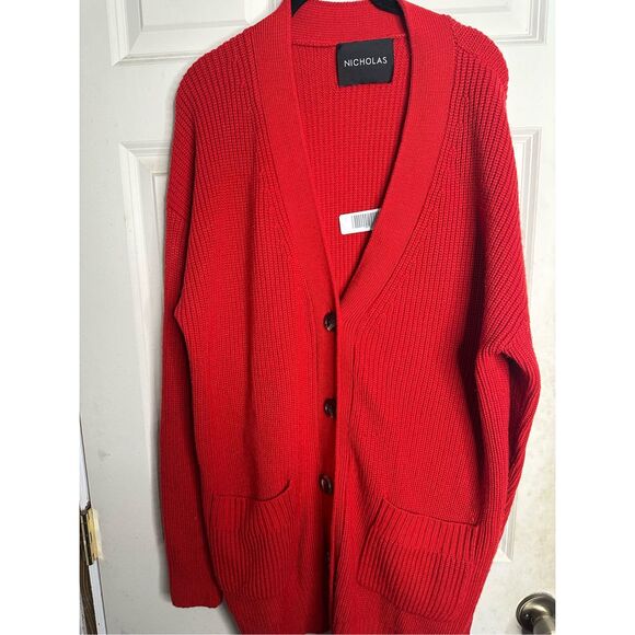 Nicholas WOOL BLEND TEXTURE CARDIGAN Red Oversized Medium - Picture 2 of 7